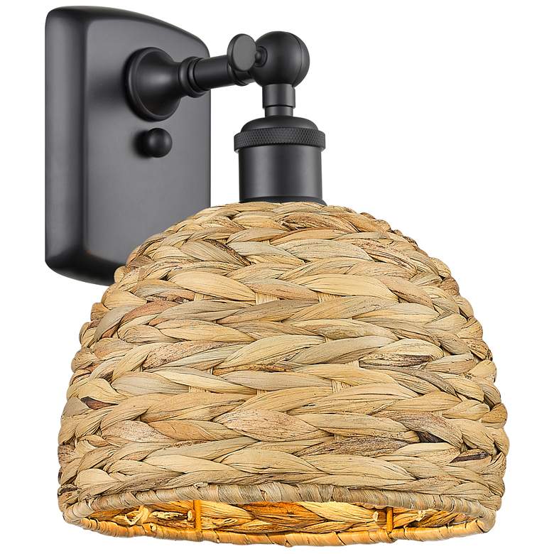 Image 1 Woven Rattan 12 inchHigh Matte Black Wall Sconce With Natural Shade