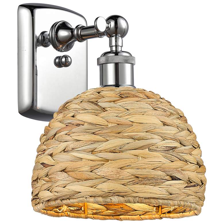 Image 1 Woven Rattan 12"High Polished Chrome Wall Sconce With Natural Shade