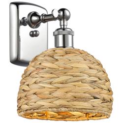 Woven Rattan 12"High Polished Chrome Wall Sconce With Natural Shade