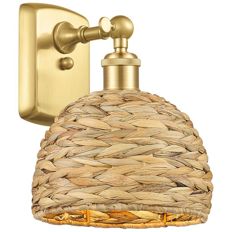 Image 1 Woven Rattan 12"High Satin Gold Wall Sconce With Natural Shade
