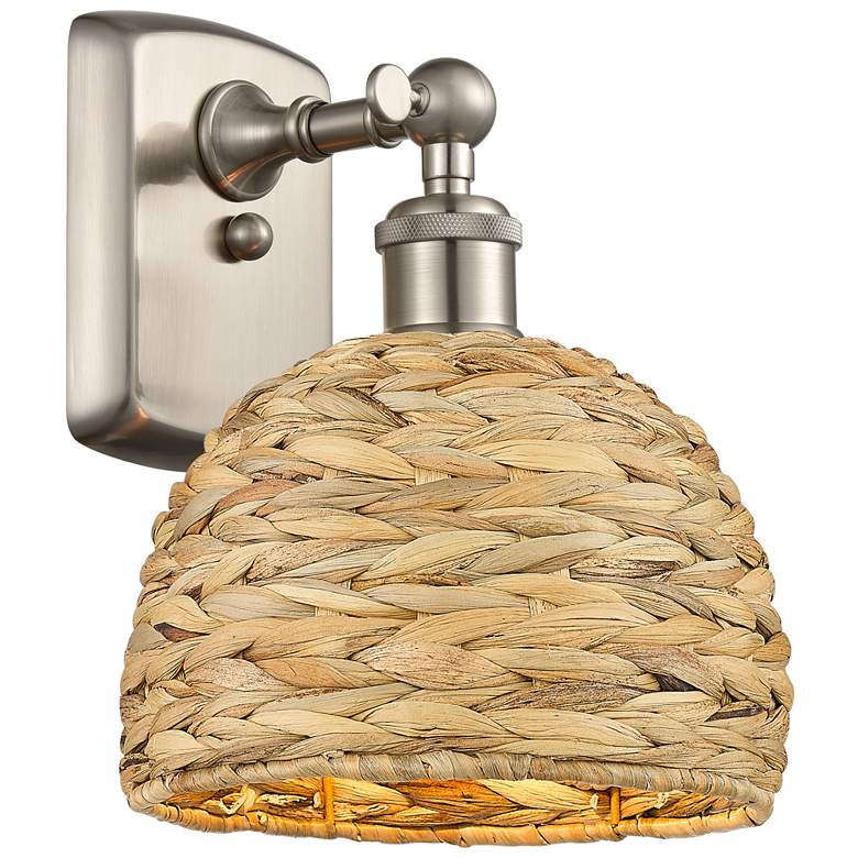 Image 1 Woven Rattan 12 inchHigh Satin Nickel Wall Sconce With Natural Shade