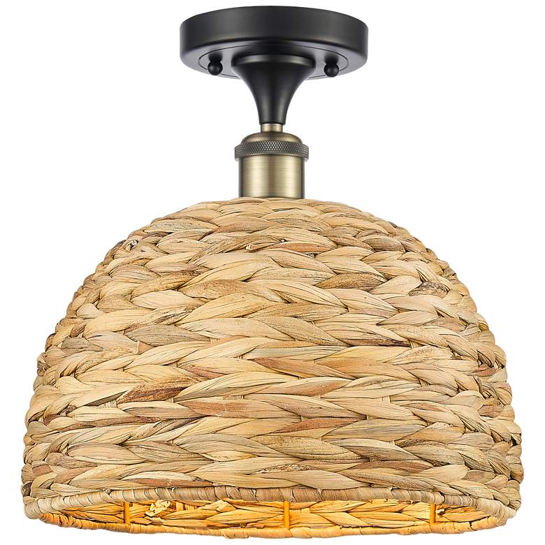 Image 1 Woven Rattan 12"W Black Antique Brass Semi.Flush Mount With Natural Sh