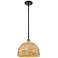 Woven Rattan 12"W Black Antique Brass Stem Hung Pendant With Natural S