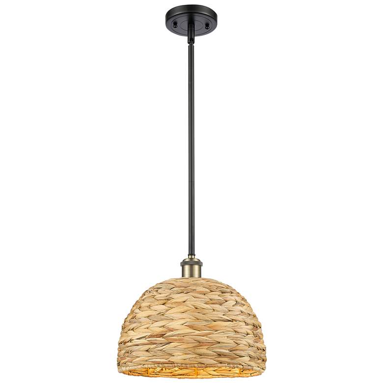 Image 1 Woven Rattan 12"W Black Antique Brass Stem Hung Pendant With Natural S