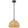 Woven Rattan 12"W Black Antique Brass Stem Hung Pendant With Natural S