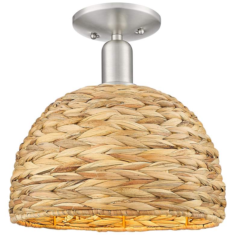 Image 1 Woven Rattan 12"W Brushed Satin Nickel Semi-Flush Mount w/ Natural Shade