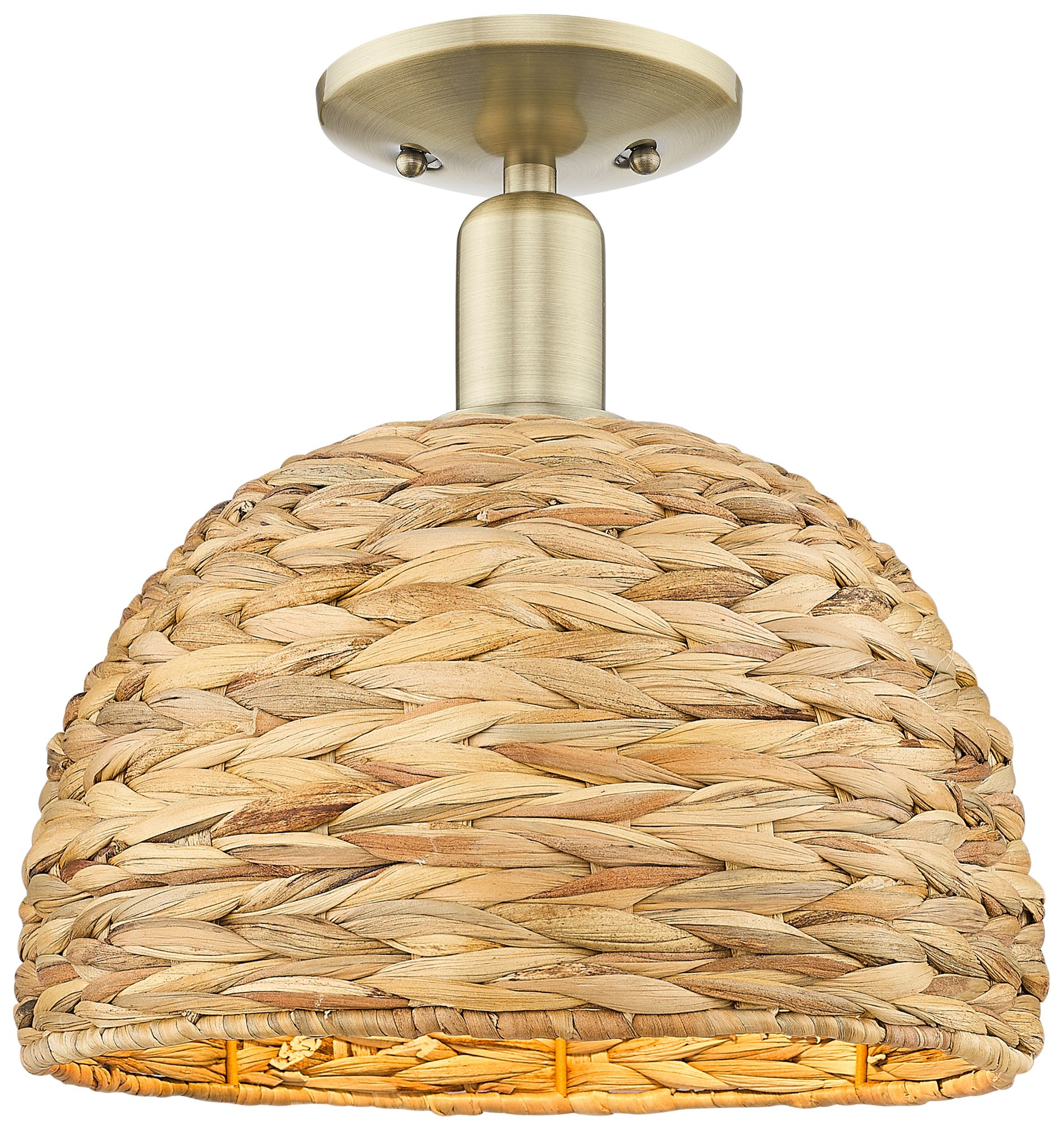 Woven Rattan 12" Wide Antique Brass Semi-Flush Mount w/ Natural Shade