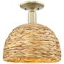 1_Woven Rattan 12" Wide Antique Brass Semi-Flush Mount w/ Natural Shade