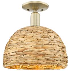 Woven Rattan 12" Wide Antique Brass Semi-Flush Mount w/ Natural Shade