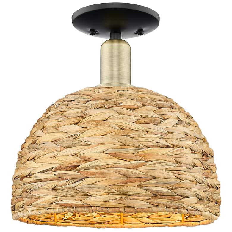 Image 1 Woven Rattan 12" Wide Black Antique Brass Semi-Flush Mount w/ Natural Shade
