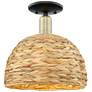 1_Woven Rattan 12" Wide Black Antique Brass Semi-Flush Mount w/ Natural Shade