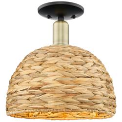 Woven Rattan 12" Wide Black Antique Brass Semi-Flush Mount w/ Natural Shade