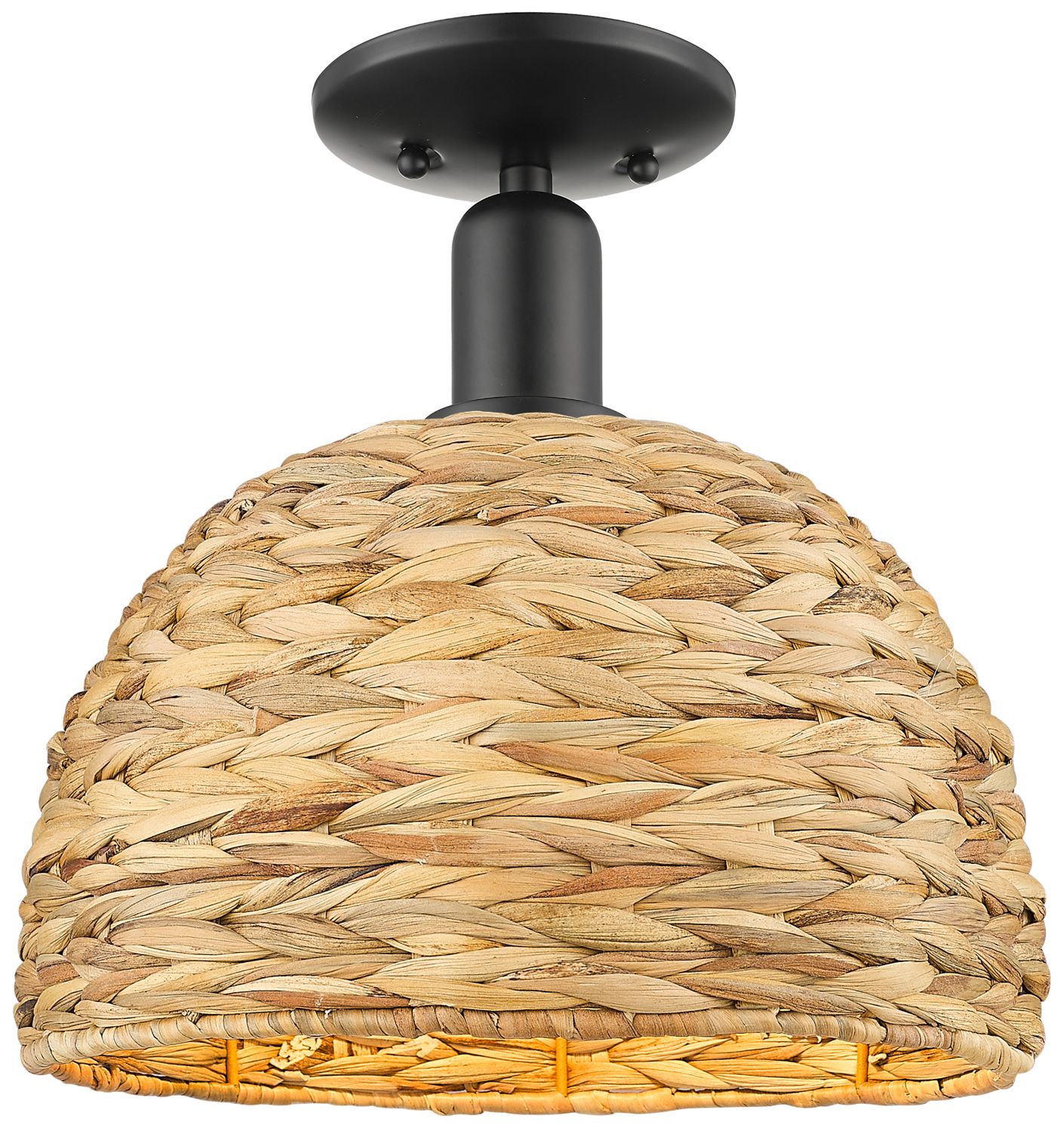 Woven Rattan 12" Wide Matte Black Semi-Flush Mount w/ Natural Shade