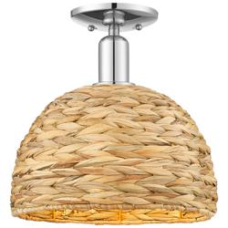 Woven Rattan 12" Wide Polished Chrome Semi-Flush Mount w/ Natural Shade