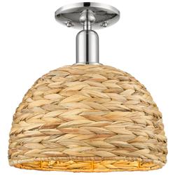 Woven Rattan 12" Wide Polished Nickel Semi-Flush Mount w/ Natural Shade
