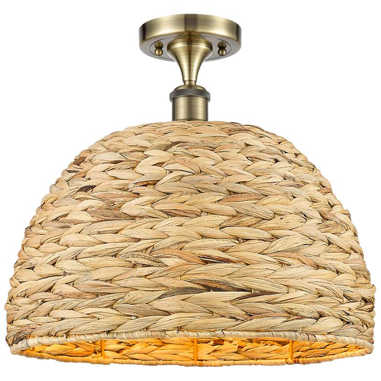 Image 1 Woven Rattan 15.75" Wide Antique Brass Semi.Flush Mount With Natural S