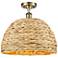 Woven Rattan 15.75" Wide Antique Brass Semi.Flush Mount With Natural S