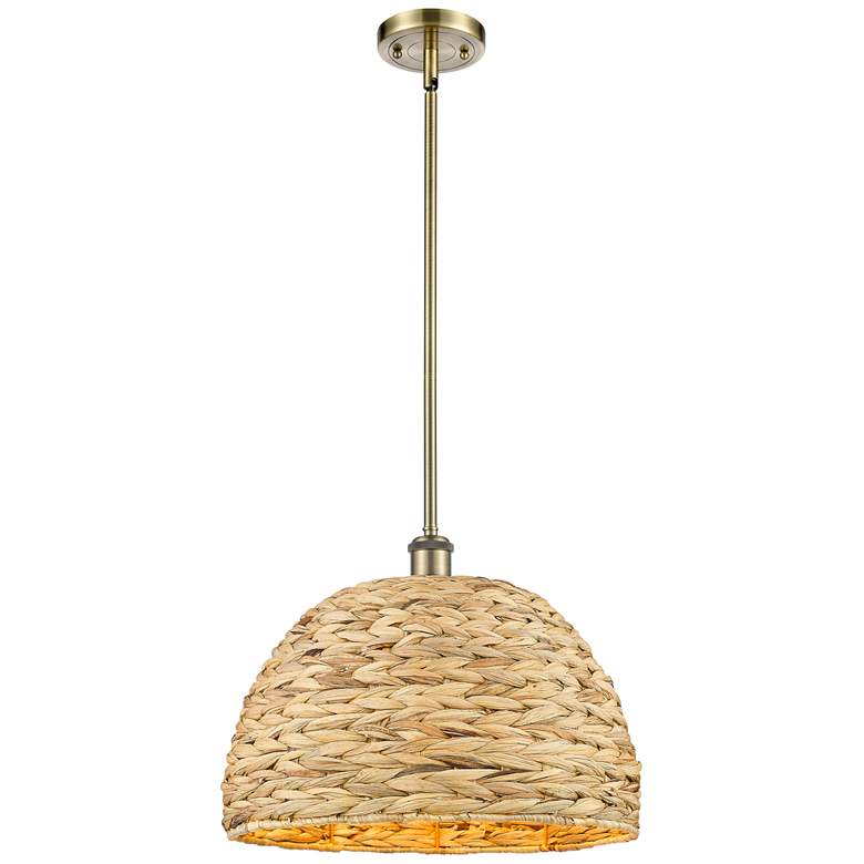 Image 1 Woven Rattan 15.75" Wide Antique Brass Stem Hung Pendant With Natural