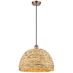 Woven Rattan 15.75&quot; Wide Antique Copper Corded Pendant With Natural Sh
