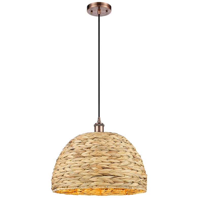 Image 1 Woven Rattan 15.75" Wide Antique Copper Corded Pendant With Natural Sh