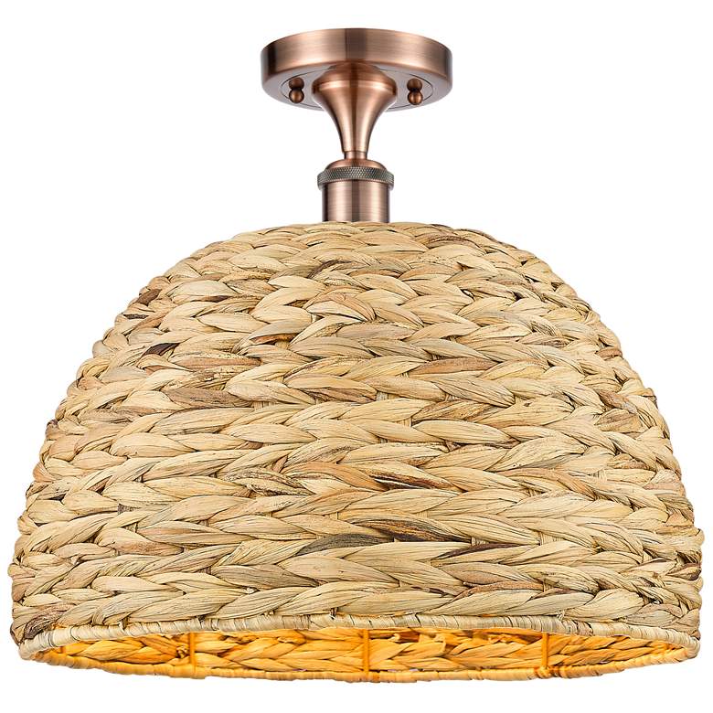 Image 1 Woven Rattan 15.75" Wide Antique Copper Semi.Flush Mount With Natural