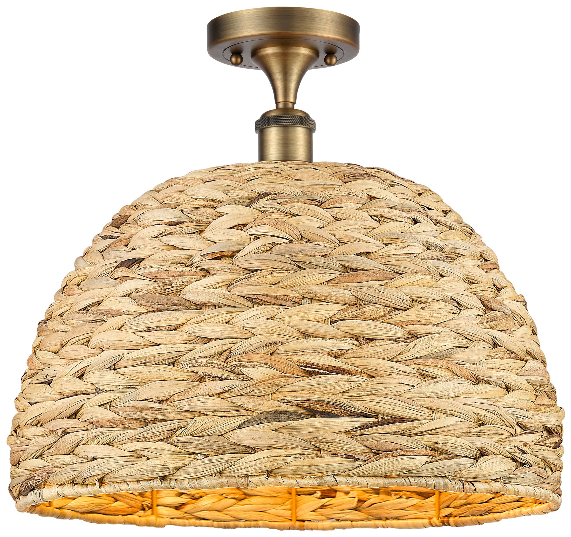 Woven Rattan 15.75" Wide Brushed Brass Semi.Flush Mount With Natural S
