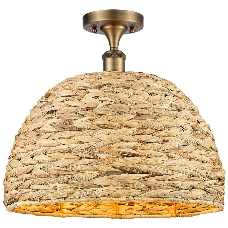 Image 1 Woven Rattan 15.75 inch Wide Brushed Brass Semi.Flush Mount With Natural S