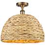 Woven Rattan 15.75" Wide Brushed Brass Semi.Flush Mount With Natural S