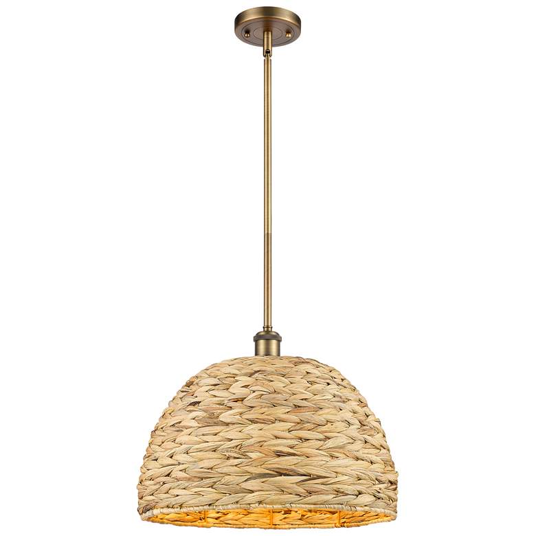 Image 1 Woven Rattan 15.75" Wide Brushed Brass Stem Hung Pendant With Natural