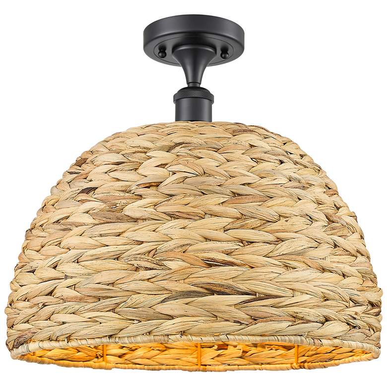 Image 1 Woven Rattan 15.75" Wide Matte Black Semi.Flush Mount With Natural Sha