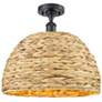 1_Woven Rattan 15.75" Wide Matte Black Semi.Flush Mount With Natural Sha