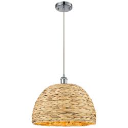 Woven Rattan 15.75&quot; Wide Polished Chrome Corded Pendant With Natural S