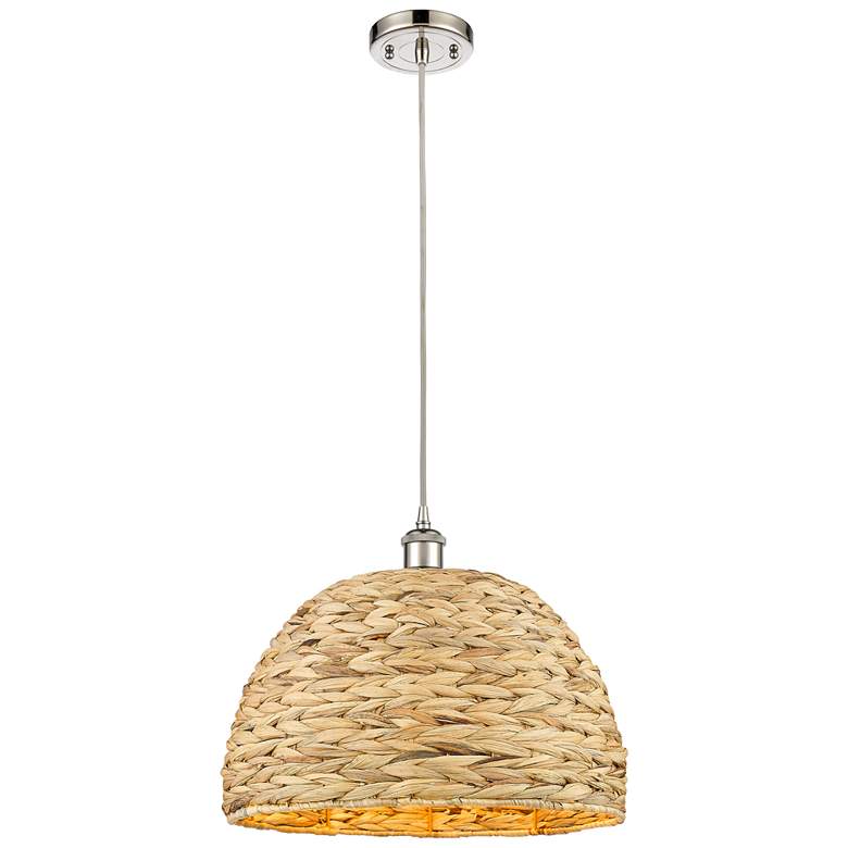 Image 1 Woven Rattan 15.75" Wide Polished Nickel Corded Pendant With Natural S