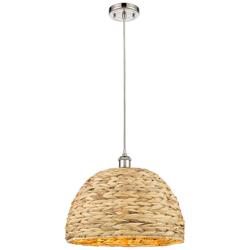 Woven Rattan 15.75" Wide Polished Nickel Corded Pendant With Natural S