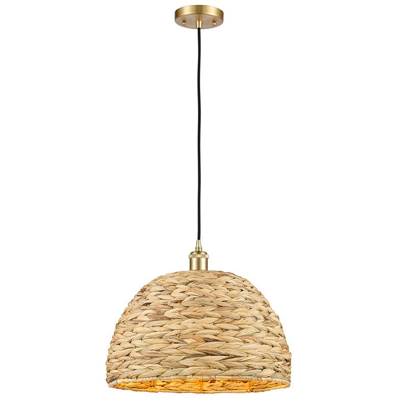 Image 1 Woven Rattan 15.75" Wide Satin Gold Corded Pendant With Natural Shade