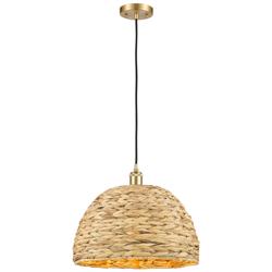 Woven Rattan 15.75&quot; Wide Satin Gold Corded Pendant With Natural Shade