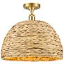 Woven Rattan 15.75" Wide Satin Gold Semi.Flush Mount With Natural Shad