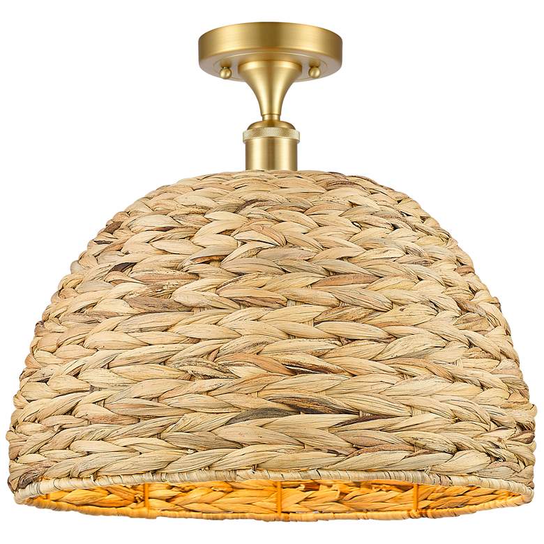 Image 1 Woven Rattan 15.75" Wide Satin Gold Semi.Flush Mount With Natural Shad