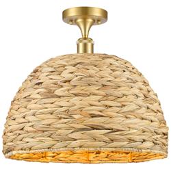 Woven Rattan 15.75&quot; Wide Satin Gold Semi.Flush Mount With Natural Shad