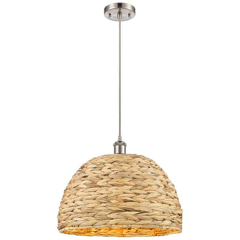 Image 1 Woven Rattan 15.75 inch Wide Satin Nickel Corded Pendant With Natural Shad