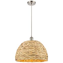 Woven Rattan 15.75" Wide Satin Nickel Corded Pendant With Natural Shad