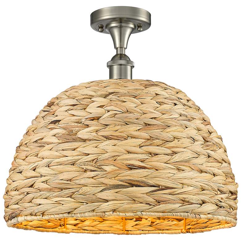 Image 1 Woven Rattan 15.75" Wide Satin Nickel Semi.Flush Mount With Natural Sh