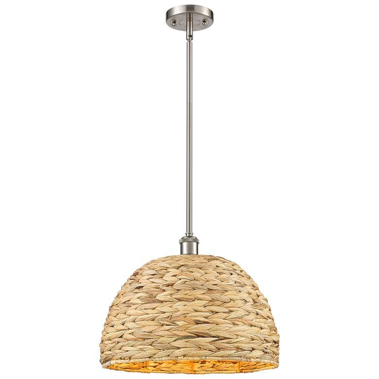 Image 1 Woven Rattan 15.75 inch Wide Satin Nickel Stem Hung Pendant With Natural S