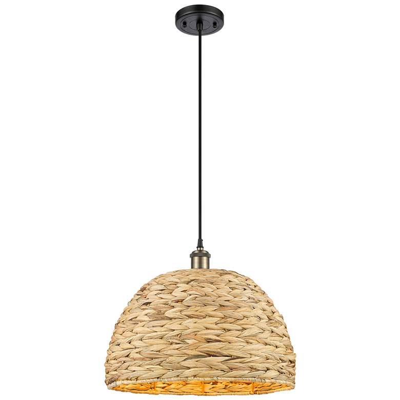 Image 1 Woven Rattan 15.75"W Black Antique Brass Corded Pendant With Natural S