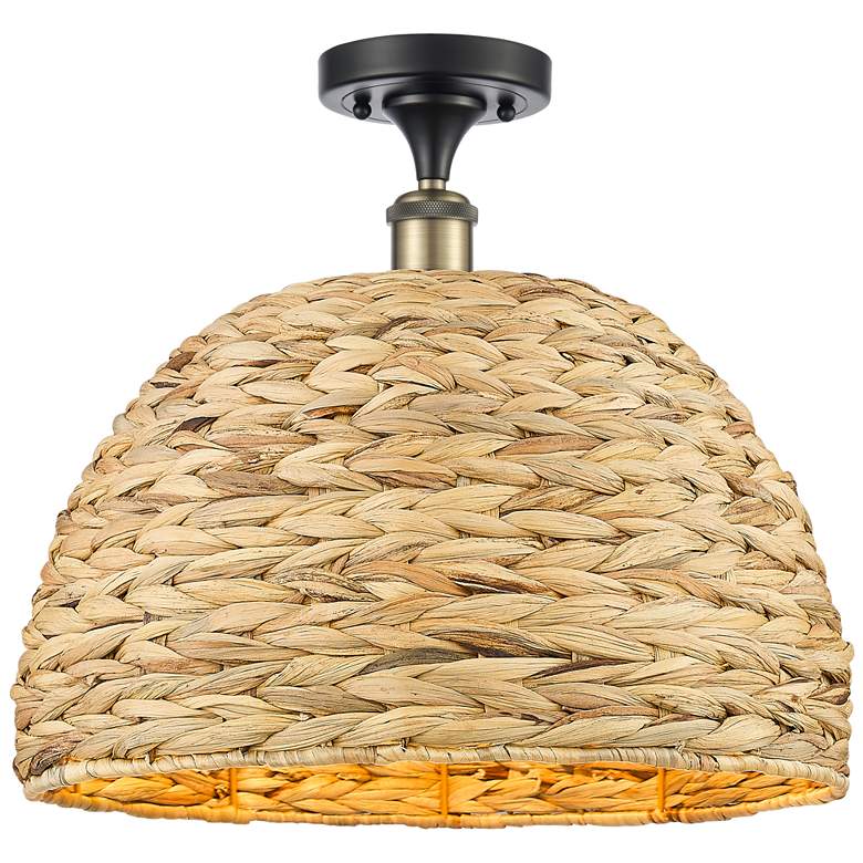 Image 1 Woven Rattan 15.75 inchW Black Brass Semi.Flush Mount With Natural Shade