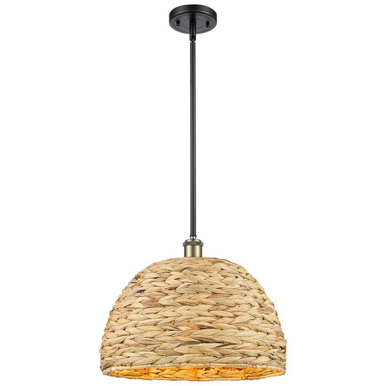 Image 1 Woven Rattan 15.75"W Black Brass Stem Hung Pendant With Natural Shade