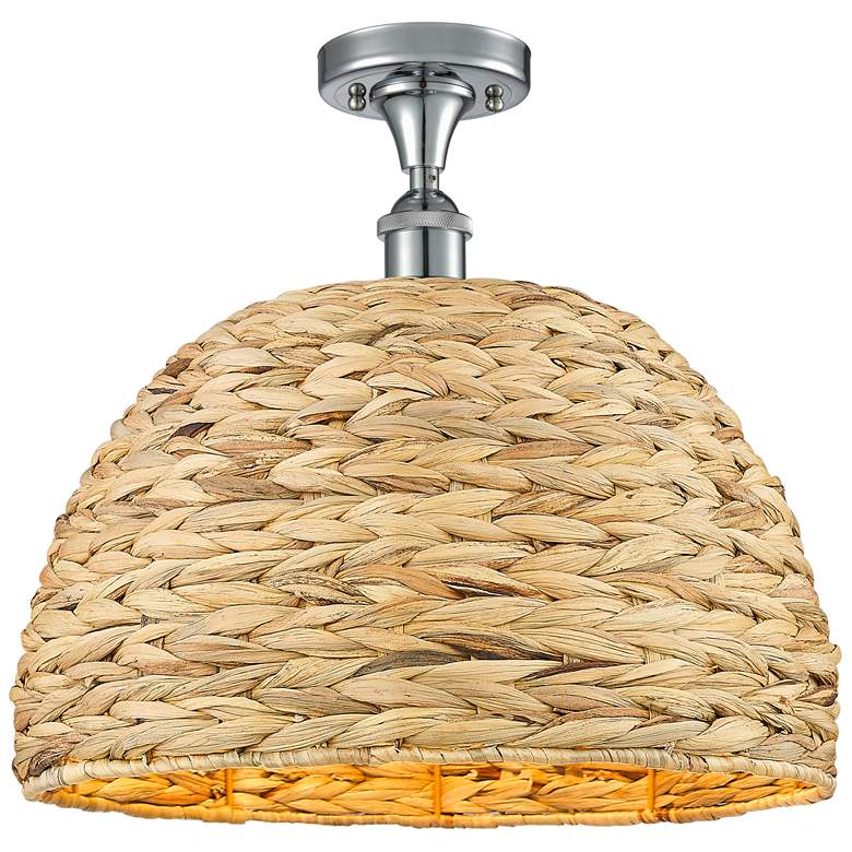 Image 1 Woven Rattan 15.75 inchW Polished Chrome Semi.Flush Mount With Natural Sha