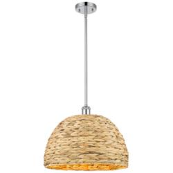 Woven Rattan 15.75&quot;W Polished Chrome Stem Hung Pendant With Natural Sh