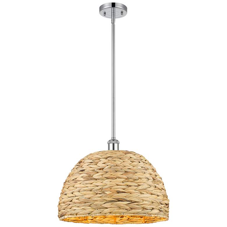 Image 1 Woven Rattan 15.75"W Polished Chrome Stem Hung Pendant With Natural Sh