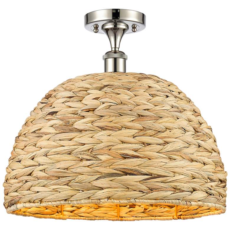 Image 1 Woven Rattan 15.75 inchW Polished Nickel Semi.Flush Mount With Natural Sha